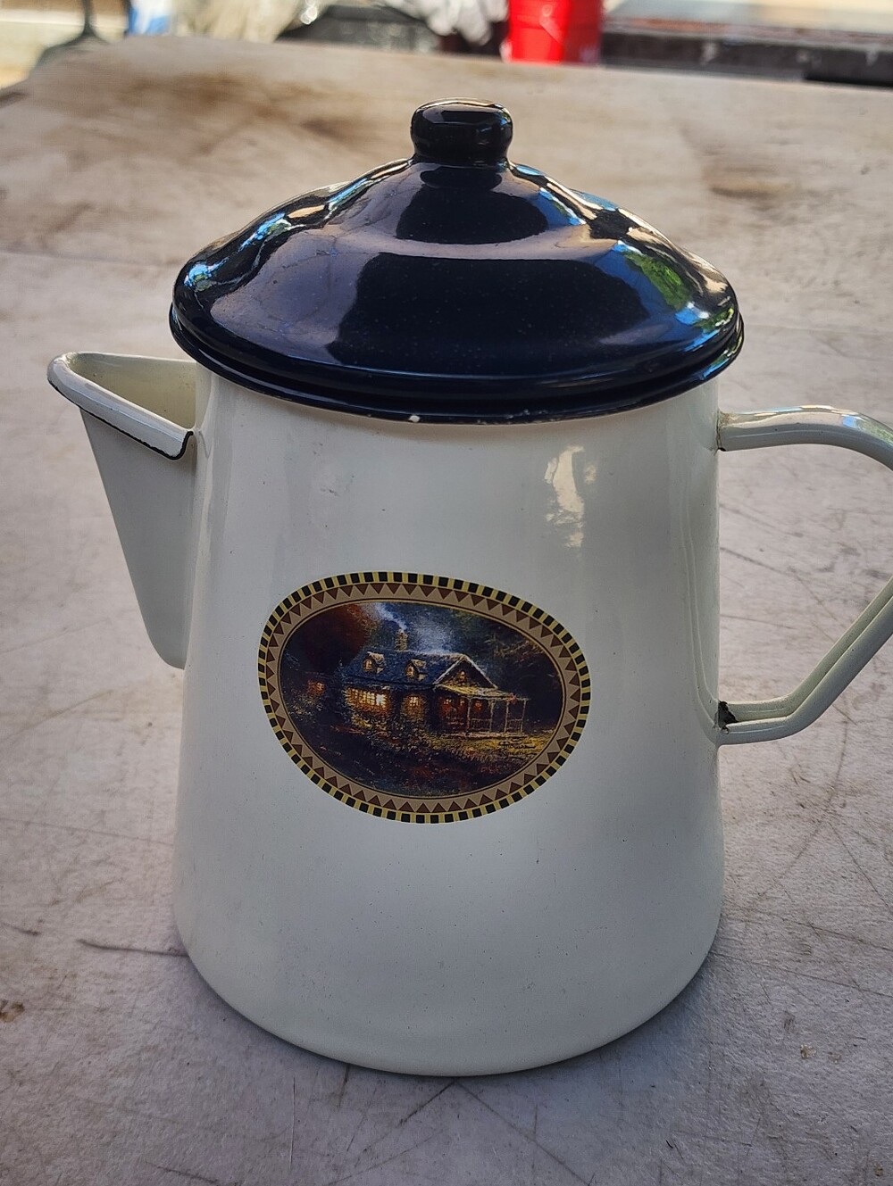 White and Navy Enamel Coffee Pot with Cottage Scene